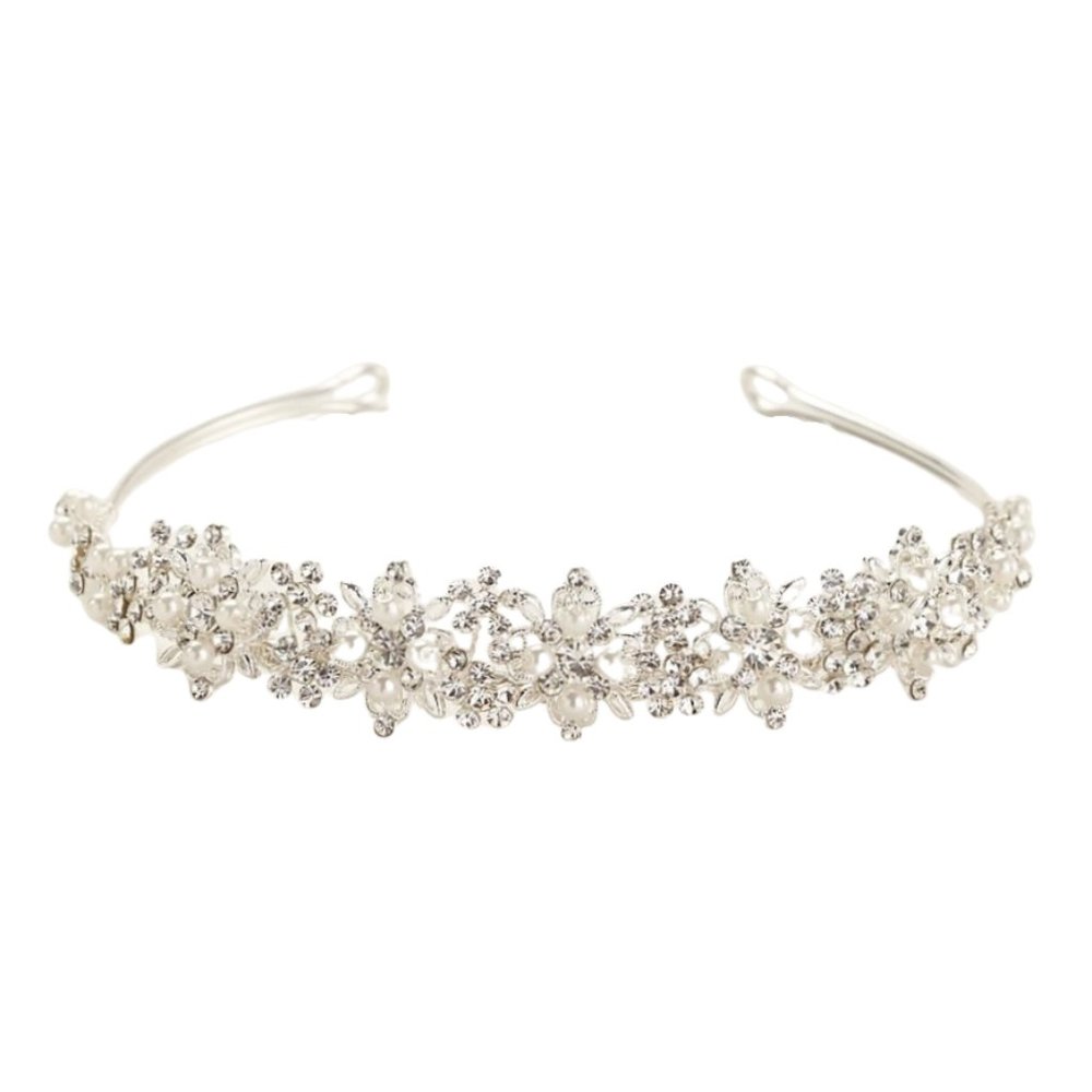 David's Bridal Crystal Rhinestone & Pearl Floral Wedding Silver Tiara Bride